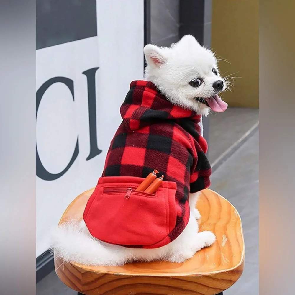 NWOT Red & Black Plaid Hooded Zipper Pocket Pet Sweatshirt for Dogs